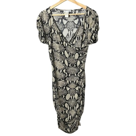 Alberto Makali Python Ruched Faux Wrap Bodycon Knee Length Dress Beige M Mobwife - Picture 3 of 11